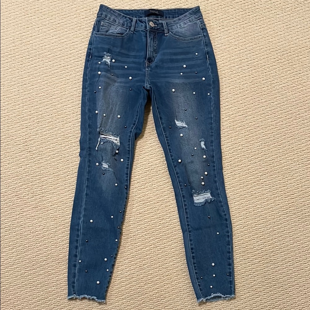 LiquidX | Distressed Mid-Rise Skinny Jeans with Pearl Accents